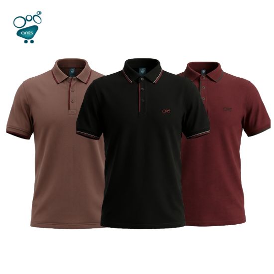 Picture of Premium Double PK Cotton Polo - Light Coffee,Black & Maroon Combo