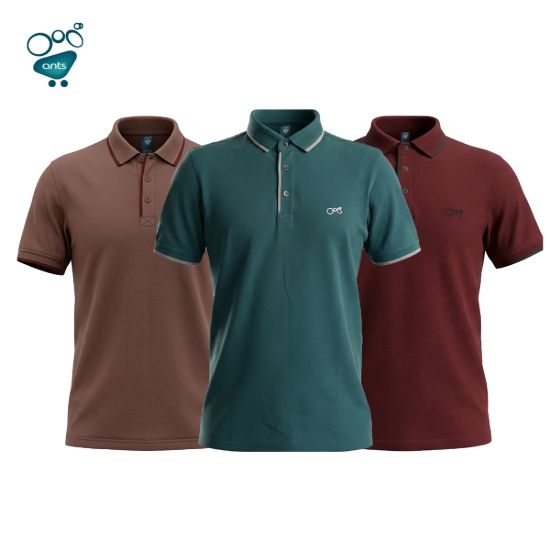 Picture of Premium Double PK Cotton Polo - Light Coffee, Teal & Maroon Combo