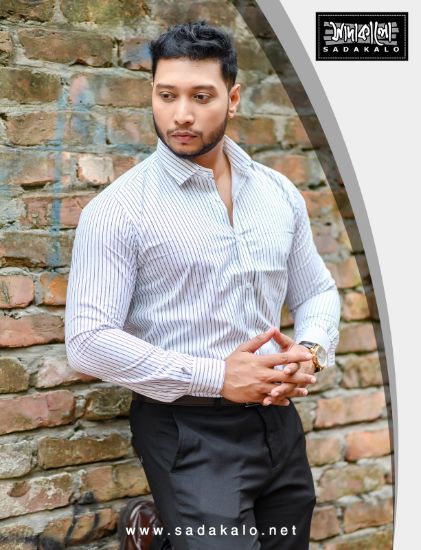 Picture of Best Quality Cotton Fabric White Color Formal Striped Shirt