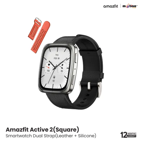 Picture of Amazfit Active 2(Square) 1.75inch Smartwatch (Premium) Dual Strap(Leather + Silicone)- Black