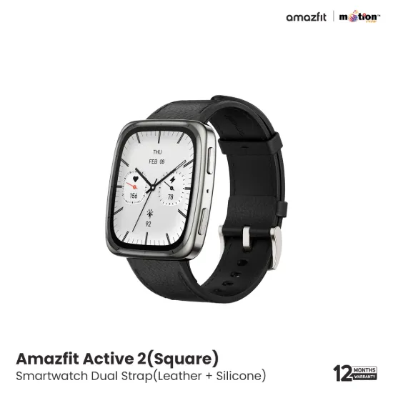 Picture of Amazfit Active 2(Square) 1.75inch Smartwatch (Premium) Dual Strap(Leather + Silicone)- Black