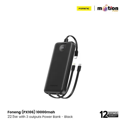 Picture of FONENG (PX106) 10000mah 22.5w Fast Charging Portable Power Bank with Built-In 3 Cables- Black