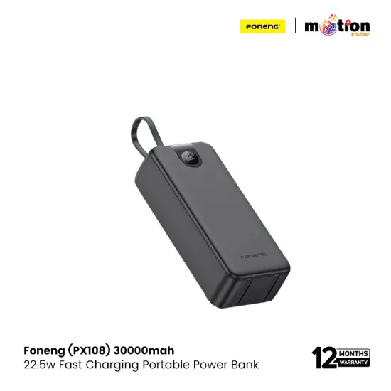 Picture of FONENG (PX108) 30000mah 22.5w Fast Charging Portable Power Bank with Built-In 3 Cables- Black