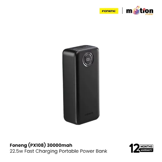Picture of FONENG (PX108) 30000mah 22.5w Fast Charging Portable Power Bank with Built-In 3 Cables- Black