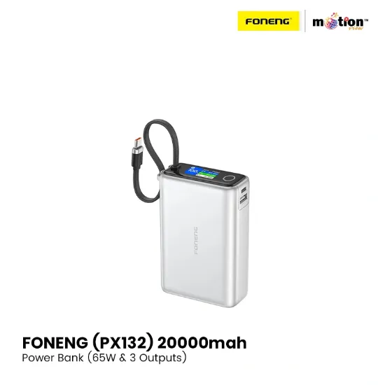 Picture of FONENG (PX132) 20000mah Color Display Power Bank (65W & 3 Outputs)- White